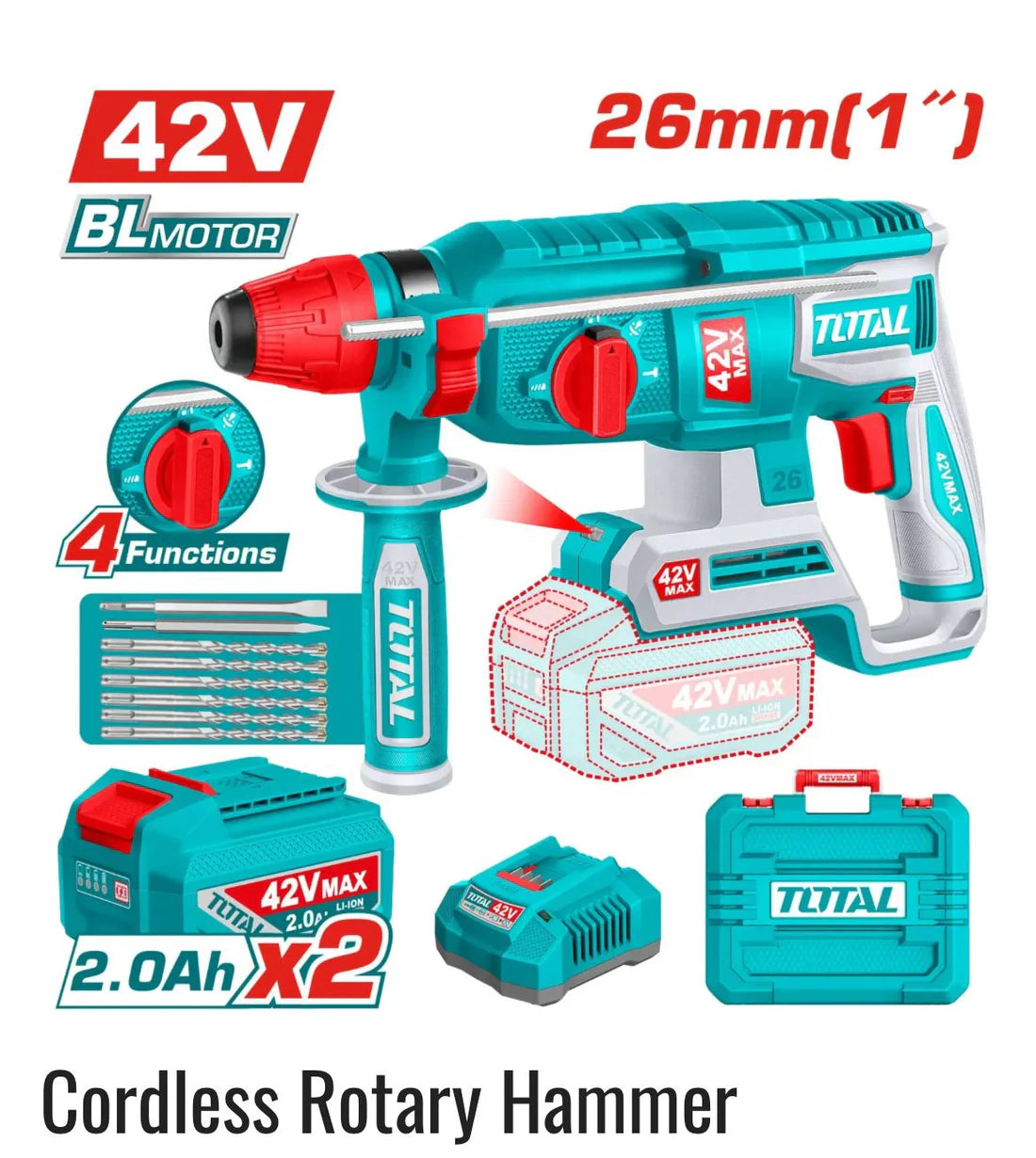 TOTAL TRHLI422682 42V Brushless Rotary Hammer - 2.5J Energy Total